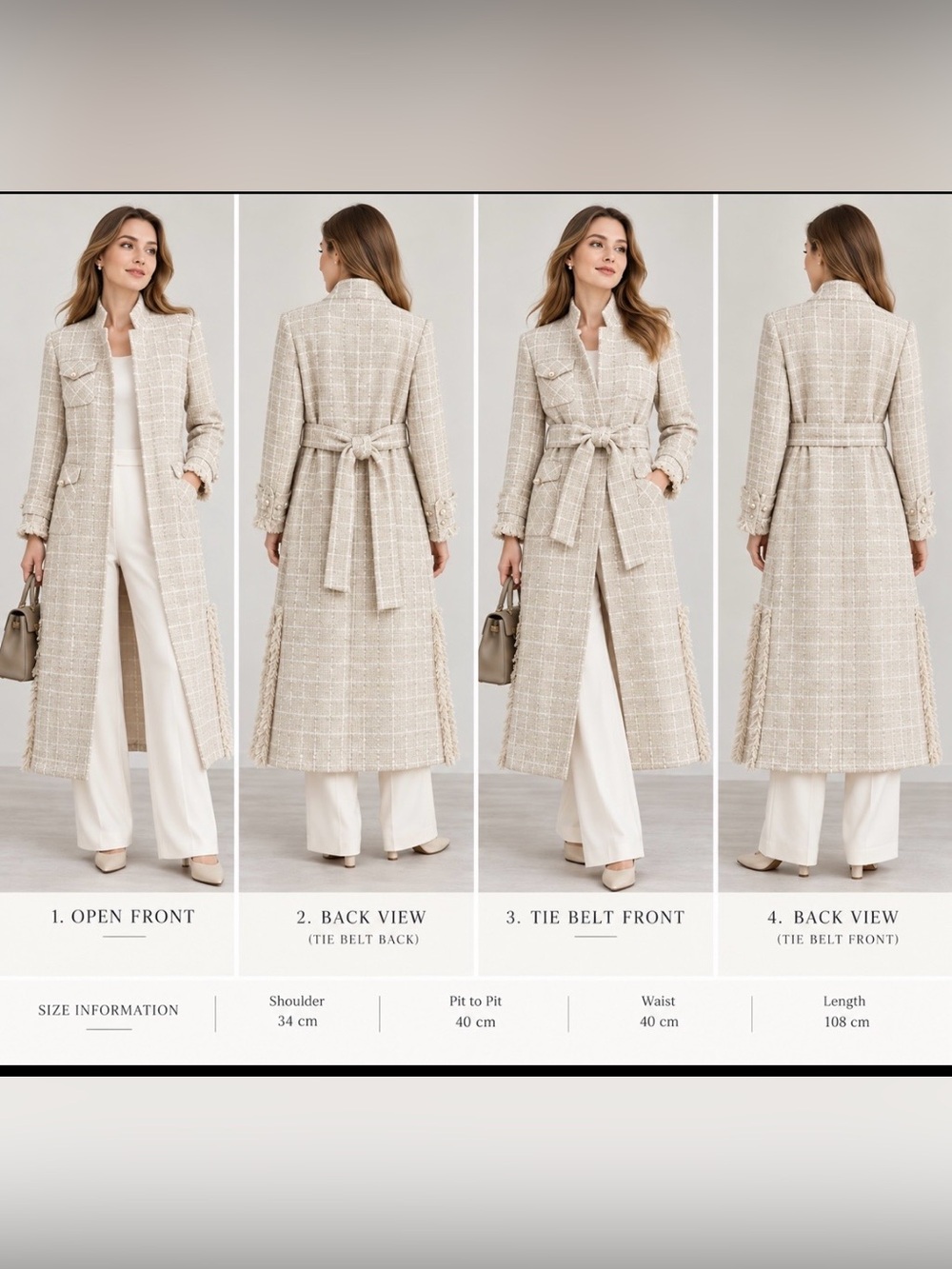 Womens Beige Tweed Long Belted Coat S